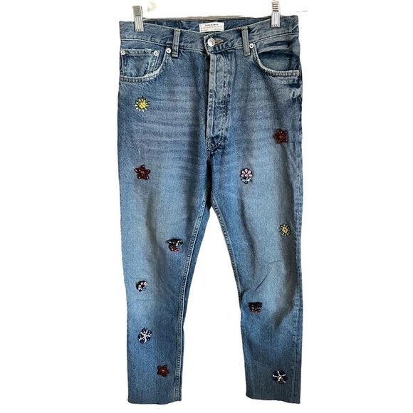 Zara High Rise Button Fly Straight Distressed Gem Bedazzled Raw Hem Denim Jeans - Picture 3 of 14